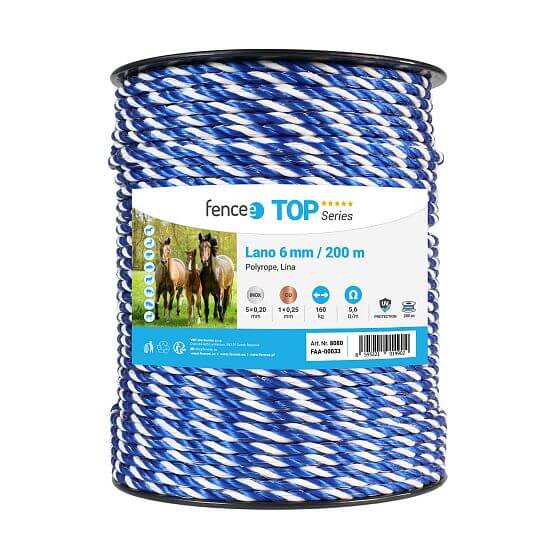 Polyrope for electric fence, diameter 6 mm, blue-white, 200 m