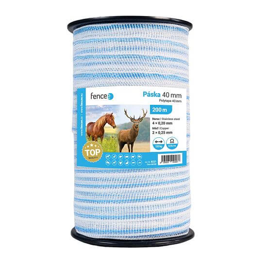 Polytape for electric fence, width 40 mm, white-blue, 200 m
