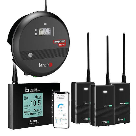 Smart Farm electric fence system – RF energizer 15 J – WiFi Gateway GW100 – 3 × Monitor MX10