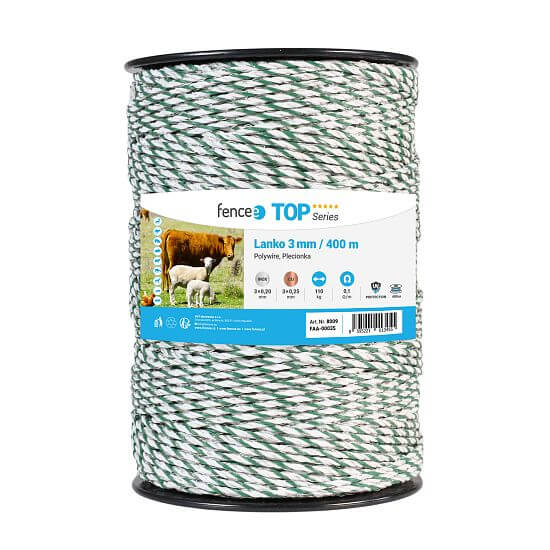 Polywire for electric fence, diameter 3 mm, green-white, 400 m