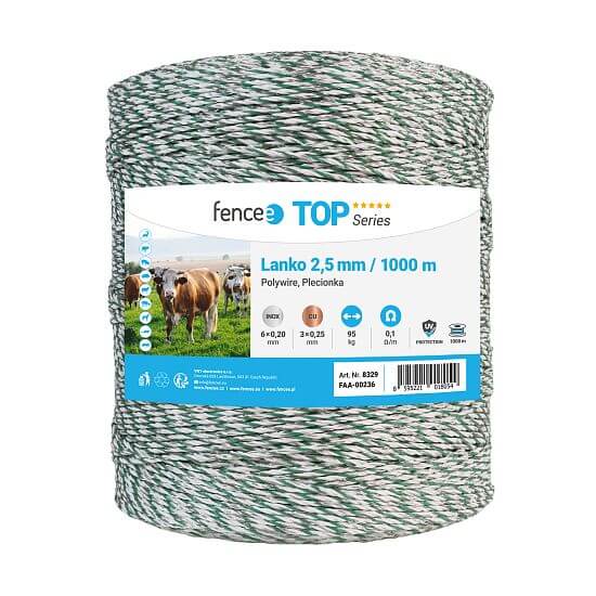 Wire for electric fence, diameter 2,5 mm, green-white, length 1000 m