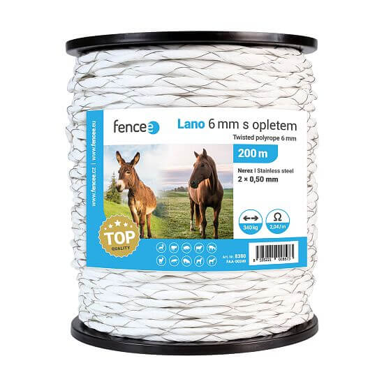 Twisted polyrope for electric fence, diameter 6 mm, length 200 m