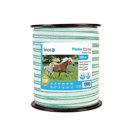 Electric fence tape 12,5 mm, white-green, 0,5 Ω/m, 200 m