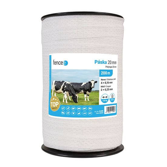 Polytape for electric fence, width 20 mm, white, 0,19 Ω/m, 200 m
