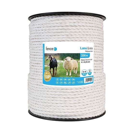 Rope for electric fence, diameter 6 mm, white, length 200 m