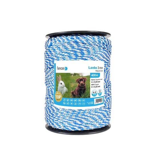 Polywire for electric fence, diameter 3 mm, white-blue, 0,2 Ω/m, 400 m