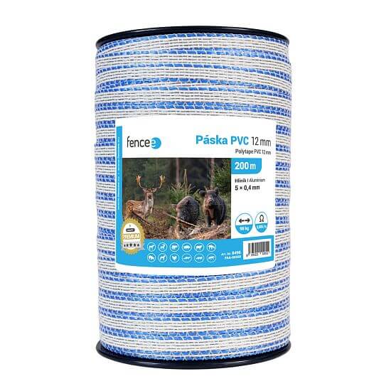 PVC tape for electric fence, width 12 mm, white-blue, 0,017 Ω/m, 200 m