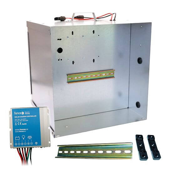 Transport box for fencee energizer and battery, Regulator 10 A for solar panels 40 and 100 W