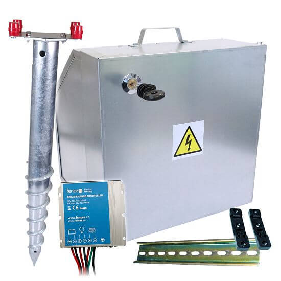 Security box for fencee energizer and battery, Mounting post, Regulator 10 A for solars 40, 100, 200 W