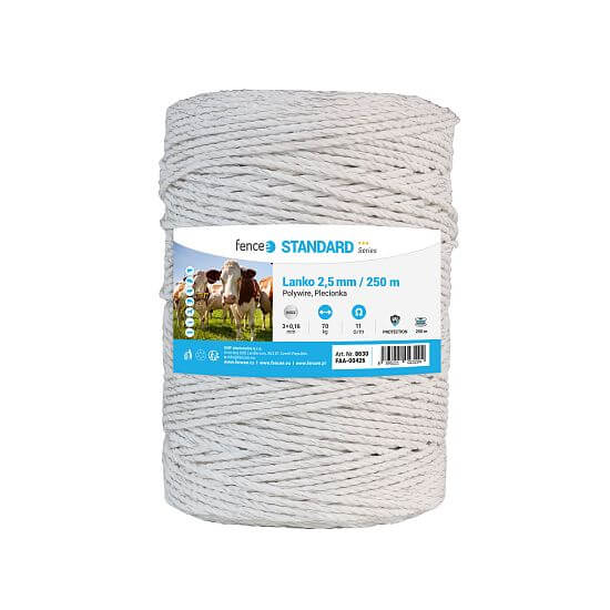 Polywire for electric fence, diameter 2.5 mm, white, length 250 m