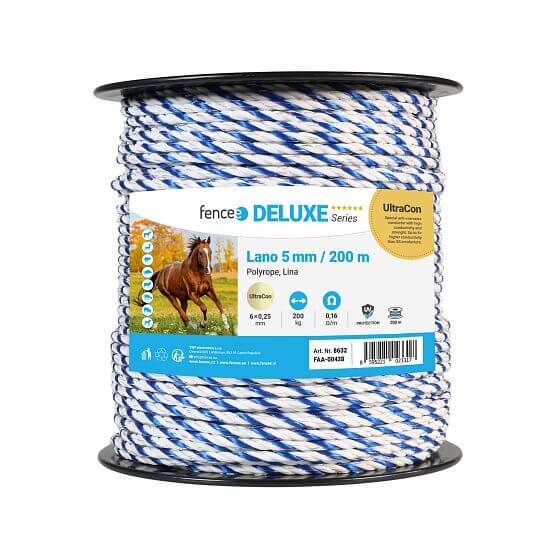 Rope for electric fence, diameter 5 mm, blue-white, 200 m, 0,16 Ω/m