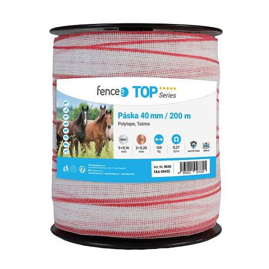 Tape for electric fence, 40 mm wide, white-red, 200 m, 0,2 Ω/m