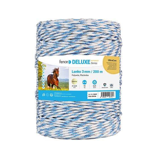 Braided polywire for electric fence, diameter 3 mm, white-blue, length 200 m