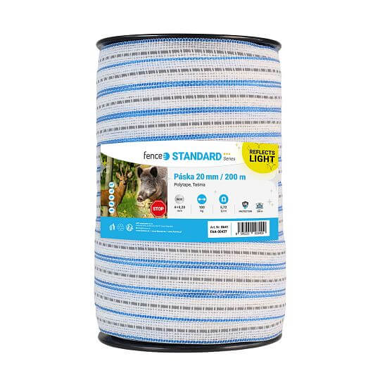 Reflective tape for electric fence, width 20 mm, white-blue, length 200 m