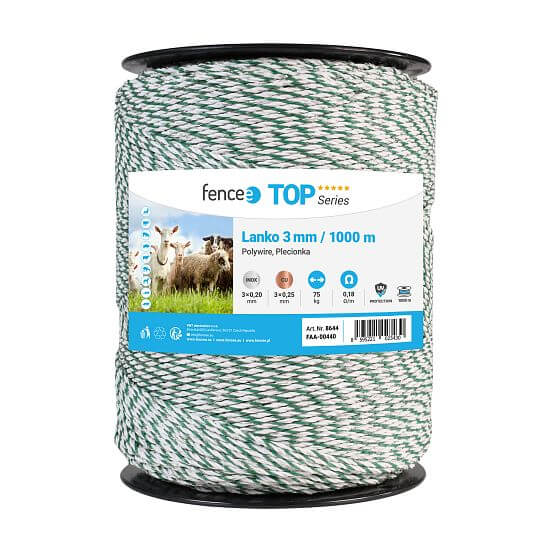 Polywire for electric fence, diameter 3 mm, green-white, length 1000 m, 0,1 Ω/m